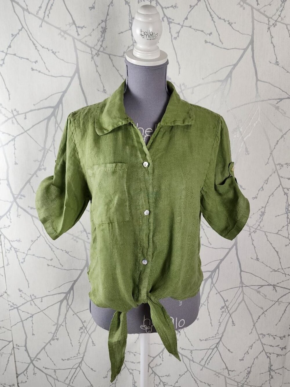 Modamalfi Green 100% Linen Button Up Tie Front Boxy Shirt